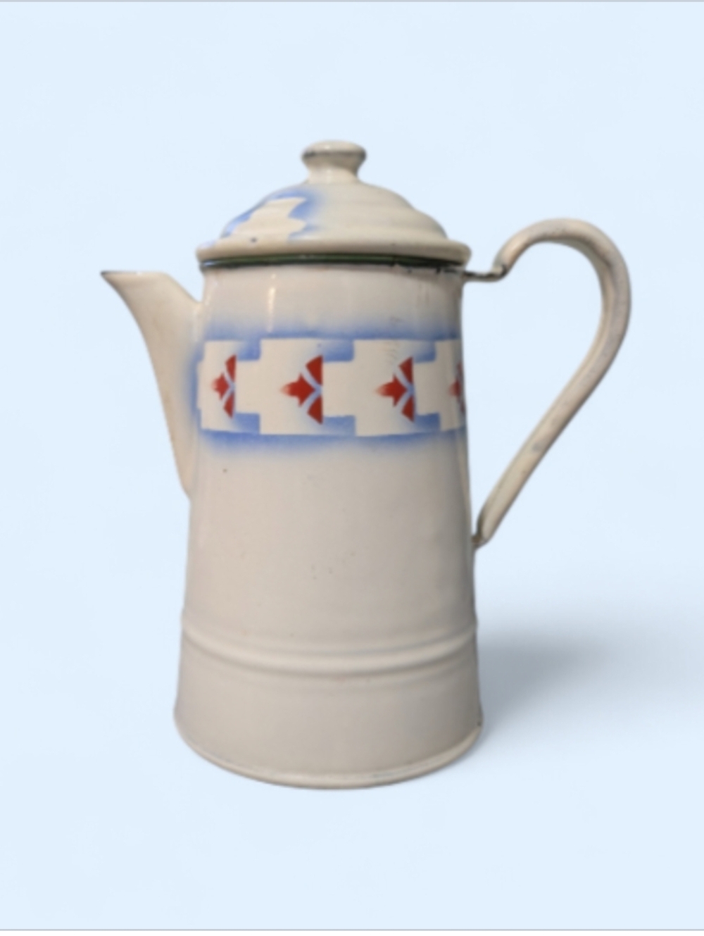 Antique French Enamelware Coffee Pot - Rare Art Deco Geometric Design - Signed